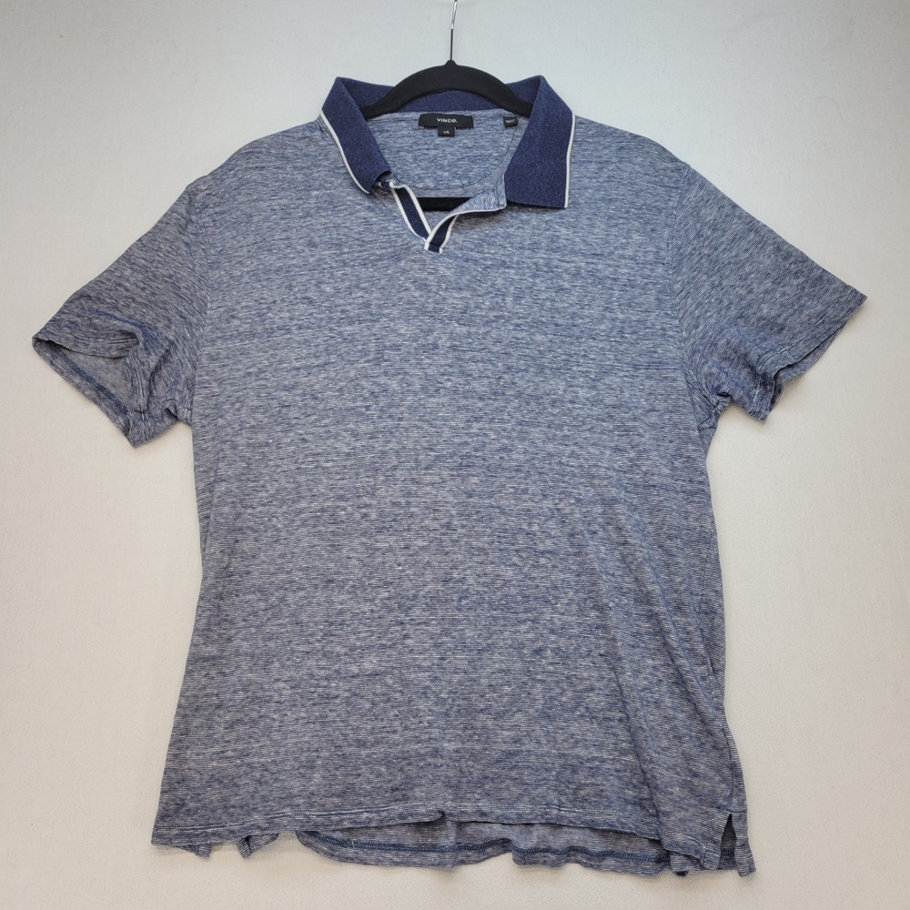 Vince Polo Shirt Mens Large Blue Stripe Linen Cotton Blend Short Sleeve Casual